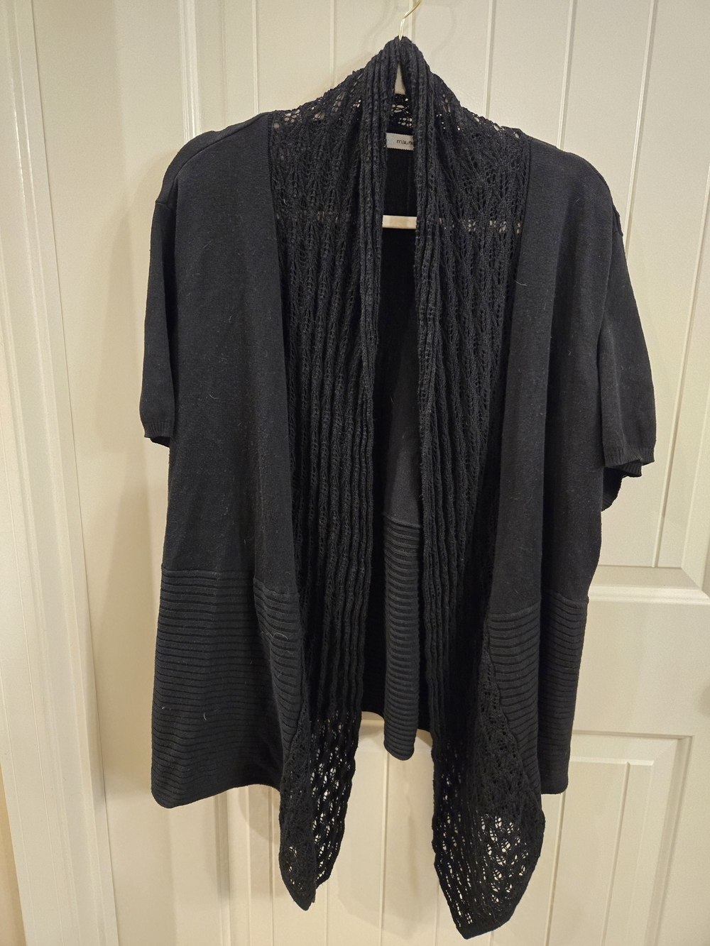Maurices Black Short-Sleeve Open-Front Knit Cardigan with Lace Trim Size 3x